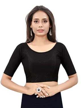 SAGIBO Round Neck Dobby Cotton Lycra Stretchable Elbow Sleeve Readymade Saree Blouse for Women Stylish