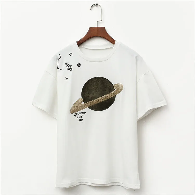 Saturn Embroidery Patchwork Cotton Tees