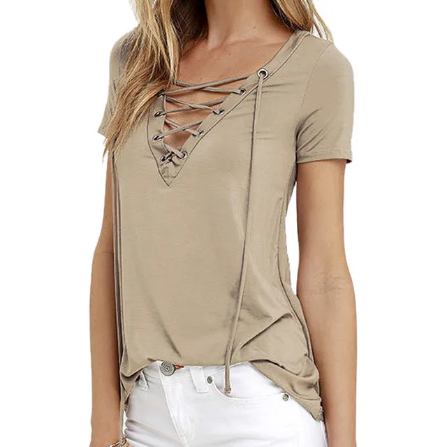 Sexy Lace Up Deep V Neck Short Sleeve Tees