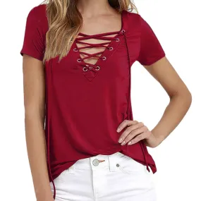 Sexy Lace Up Deep V Neck Short Sleeve Tees