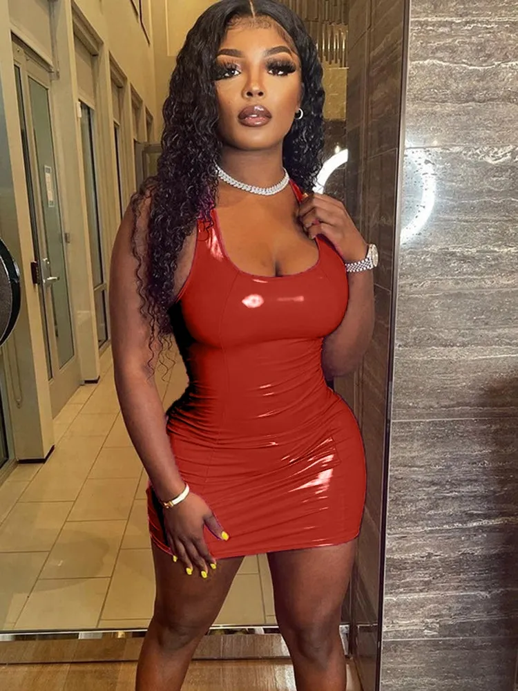 Sexy Red Faux Patent Leather Bodycon Mini Dress