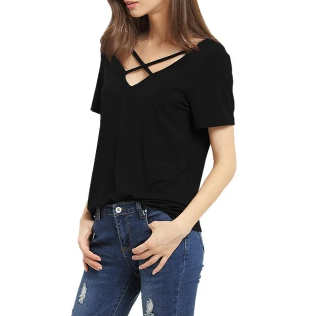 Sexy V Neck Bandage Short Sleeve TShirt