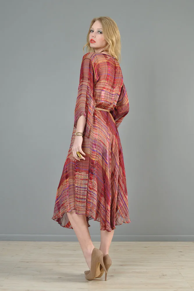 Sheer 1970s Metallic Stripe Silk Kimono Dress