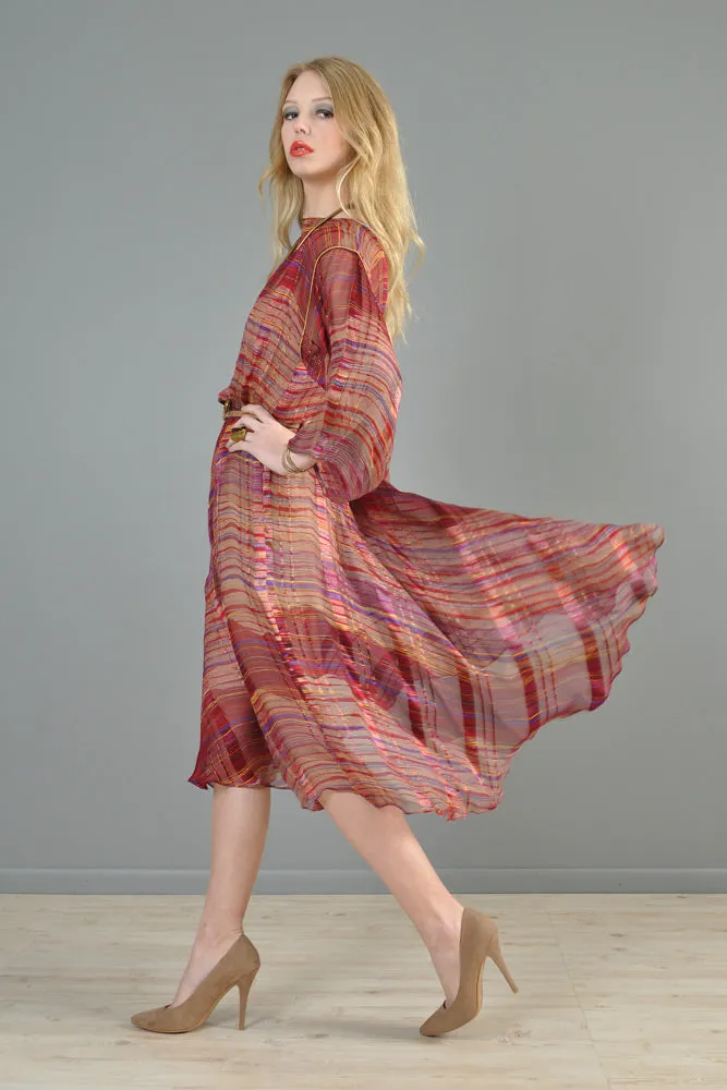 Sheer 1970s Metallic Stripe Silk Kimono Dress