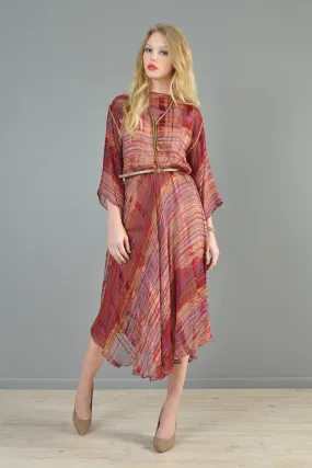 Sheer 1970s Metallic Stripe Silk Kimono Dress