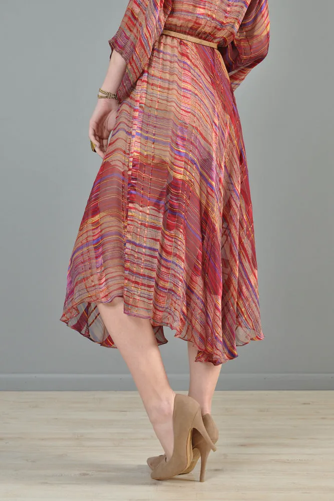 Sheer 1970s Metallic Stripe Silk Kimono Dress