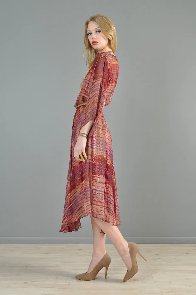 Sheer 1970s Metallic Stripe Silk Kimono Dress