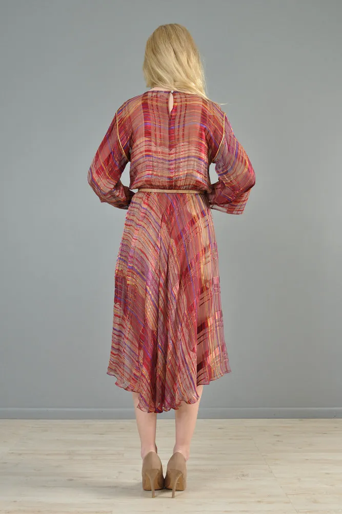 Sheer 1970s Metallic Stripe Silk Kimono Dress