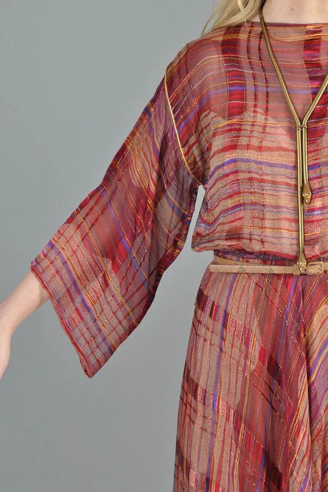 Sheer 1970s Metallic Stripe Silk Kimono Dress