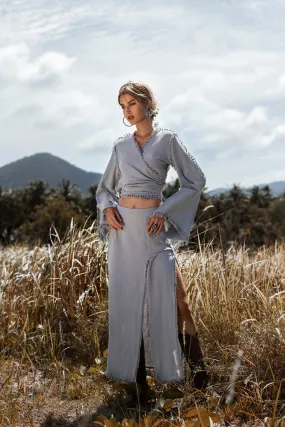 Sky Blue Maxi Skirt • Handmade Tassels Skirt • Open Sides Goddess Boho Skirt