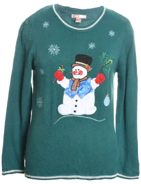 Snowman Design Green Knit Appliqued Christmas Jumper - M