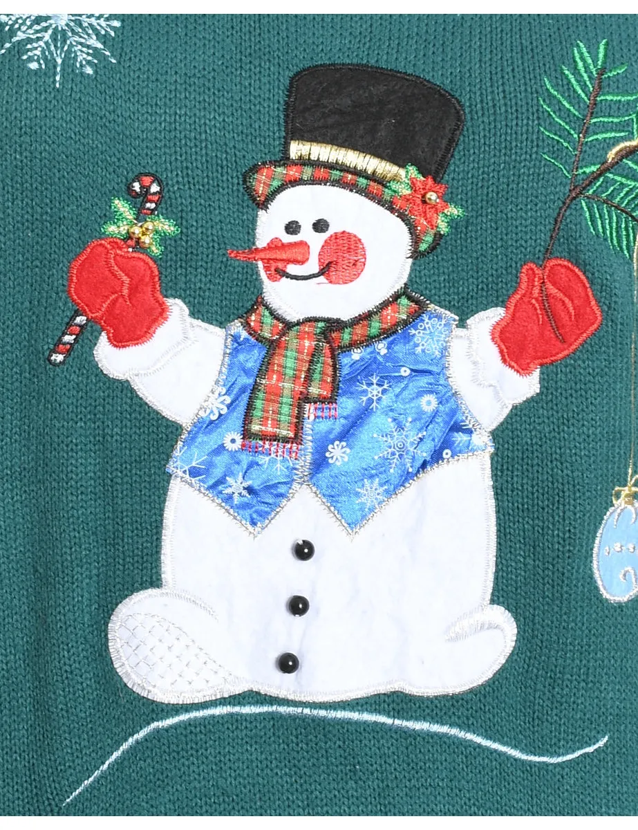 Snowman Design Green Knit Appliqued Christmas Jumper - M