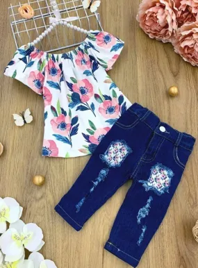 Soft Spring Patched Denim Capris Set