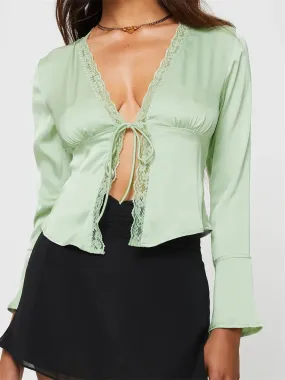 Solid Color Lace Trim V Neck Satin Front Split Tie-up Blouse for Women