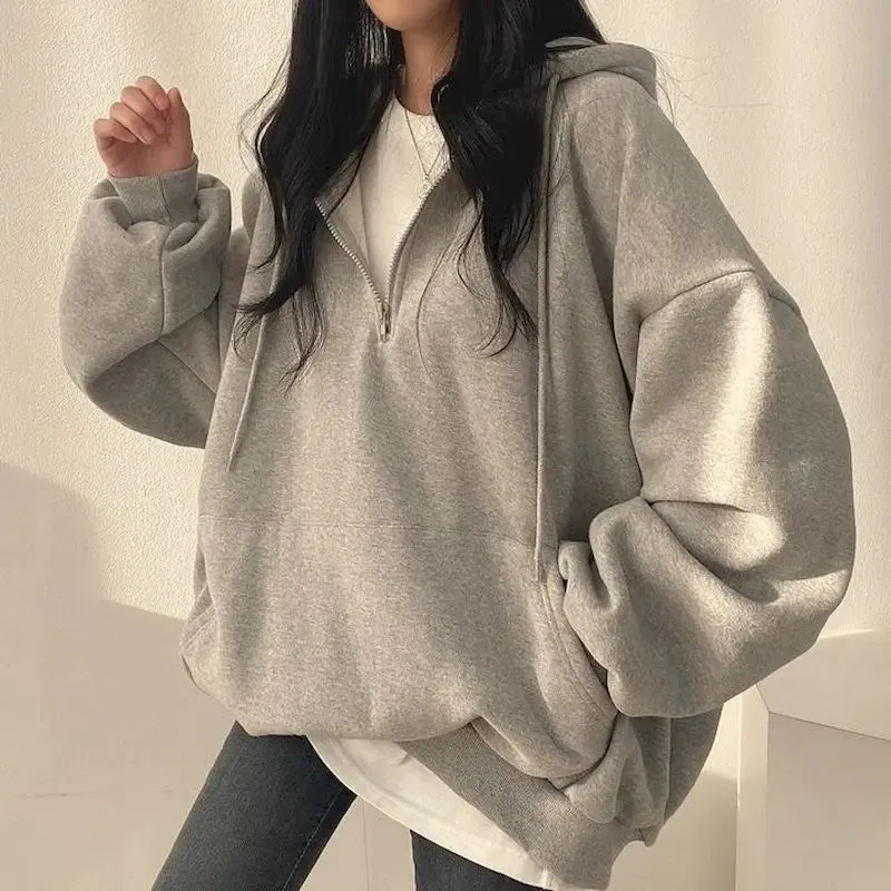 Solid Color Oversized Casual Essential Hooded Zipper Female Hoody