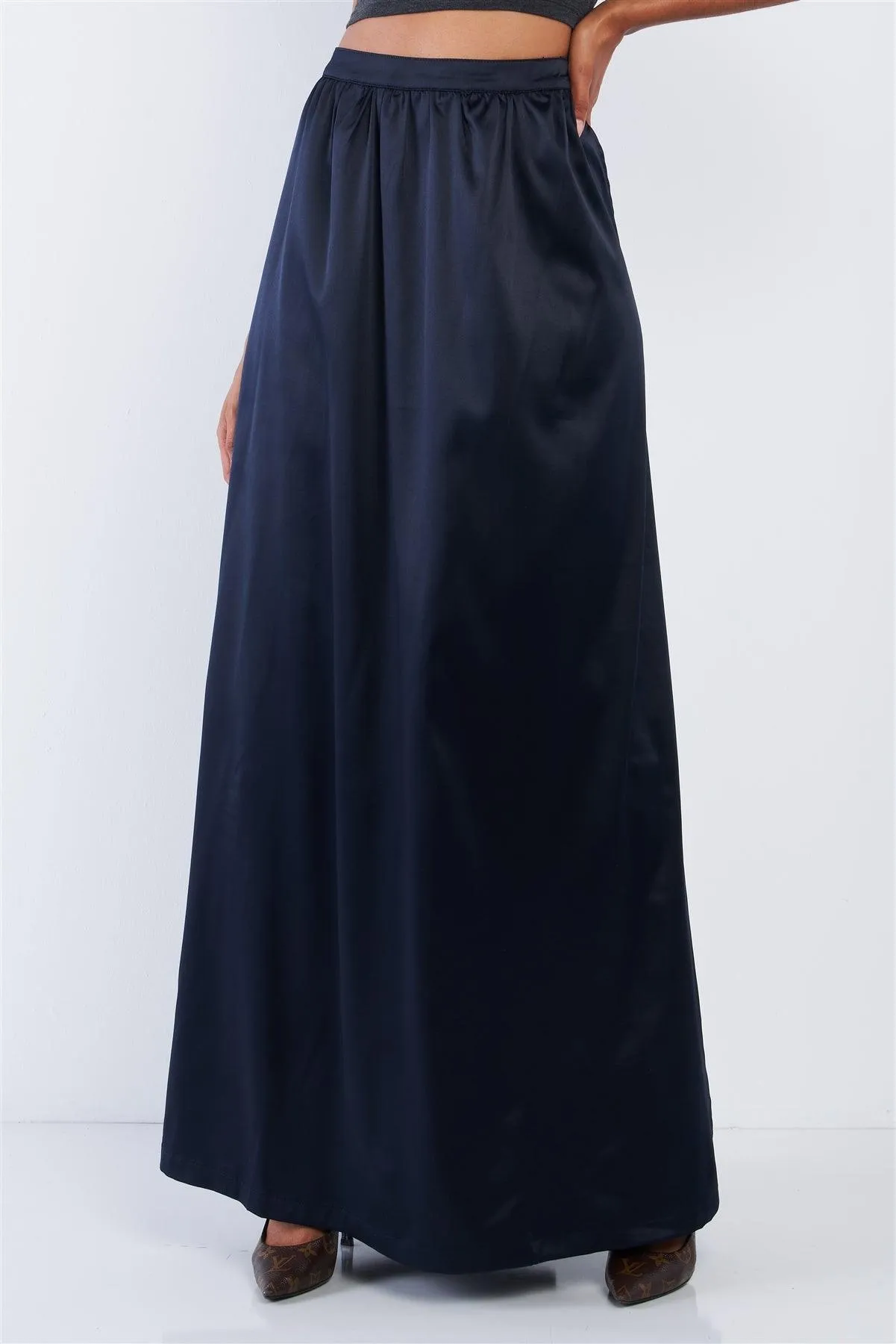 Solid Navy Blue Satin High Waist Flowing Maxi Skirt /1-2-2