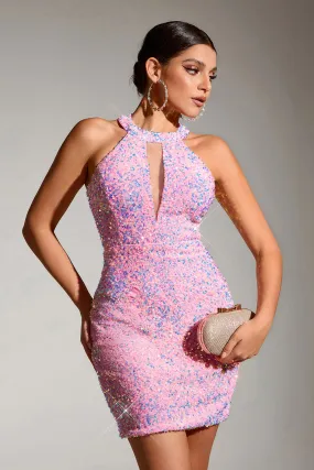 Sparkly Pink Tight Hollow Out Short Homecoming Dress with Sequins