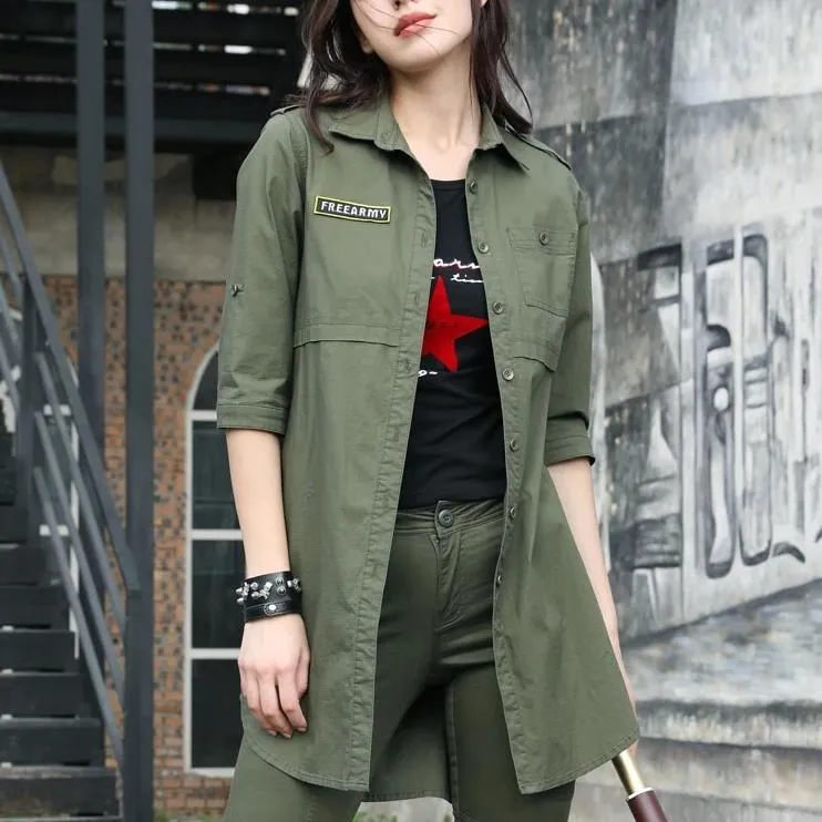 Spring Summer Blouse Army Green Casual Long Sleeve