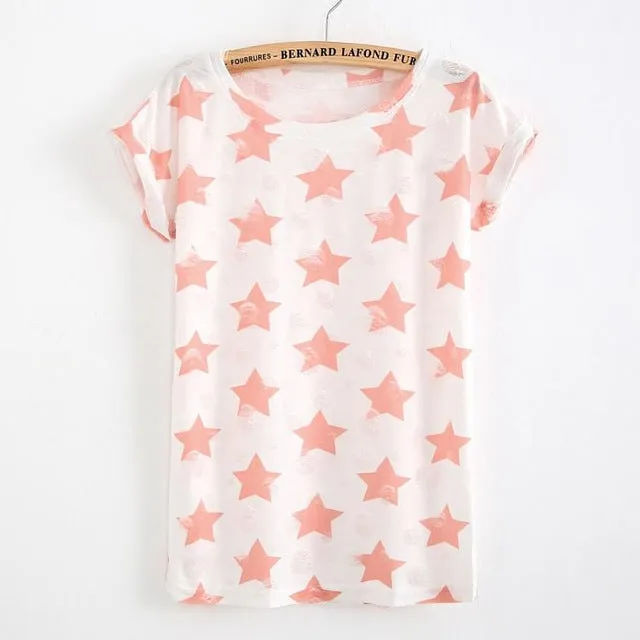 Star Printed Vintage with Holes Summer Tshirt