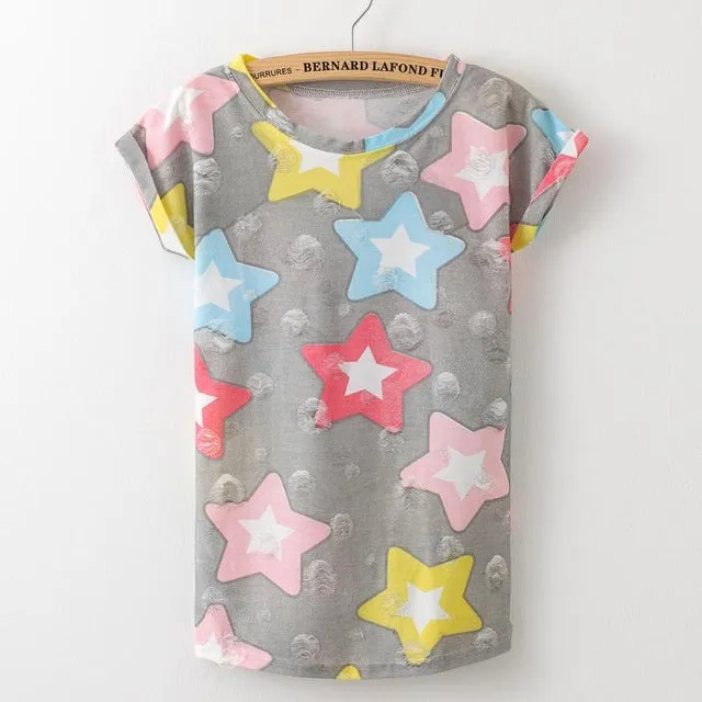 Star Printed Vintage with Holes Summer Tshirt