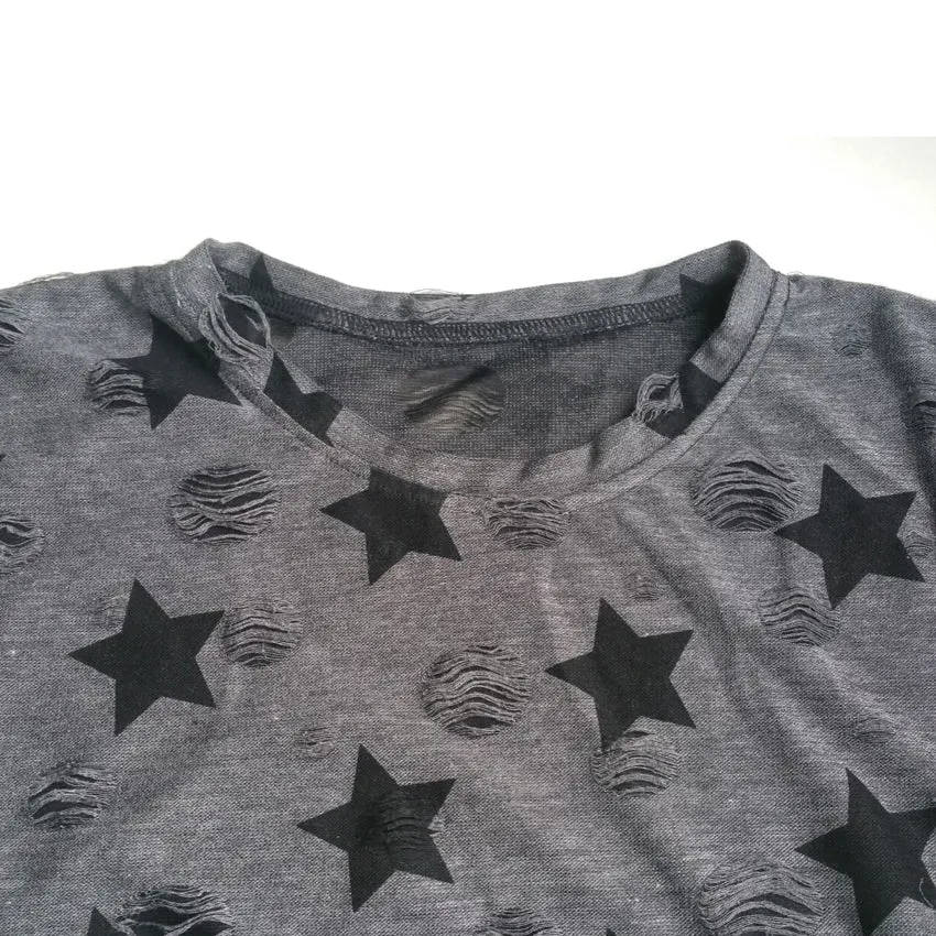 Star Printed Vintage with Holes Summer Tshirt