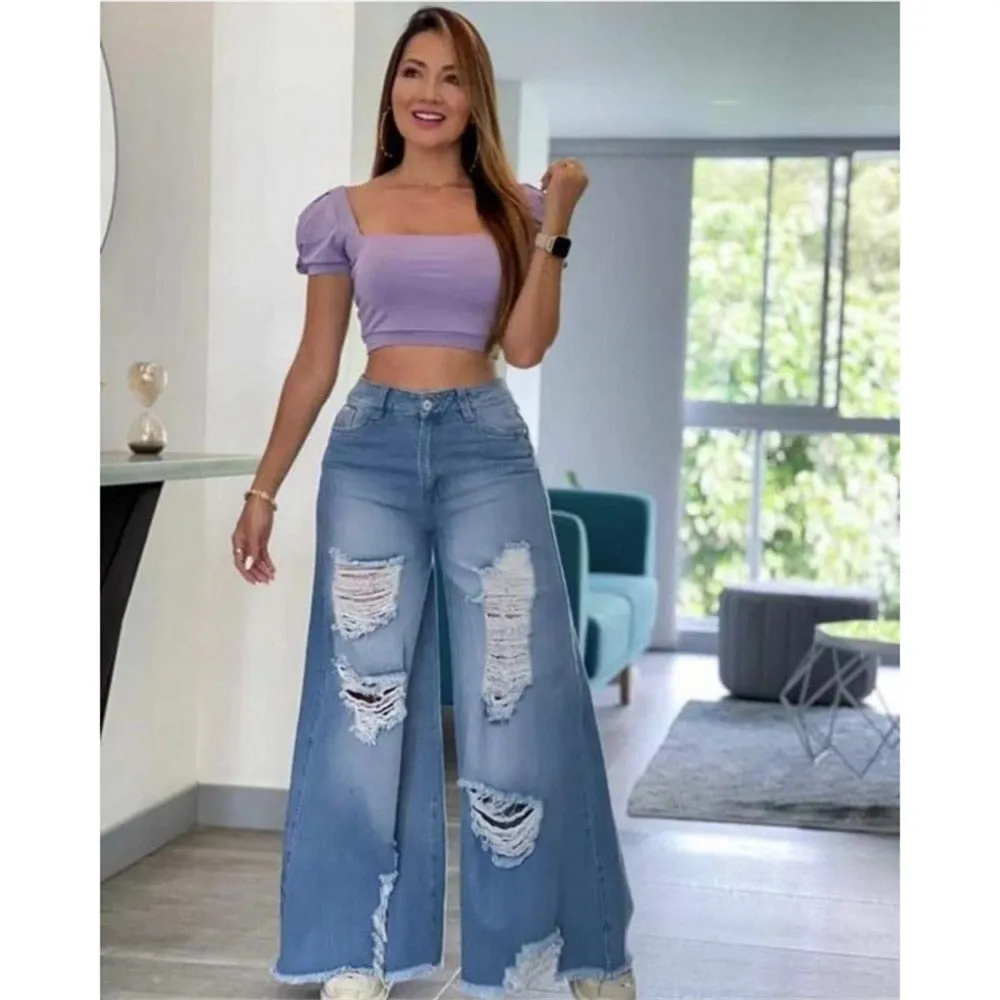 Streetwear Straight Pants Ladies Ripped Jeans High Waist Loose Wide Leg Pants Ladies Jeans Y2K Summer mon jeans High Street Jean