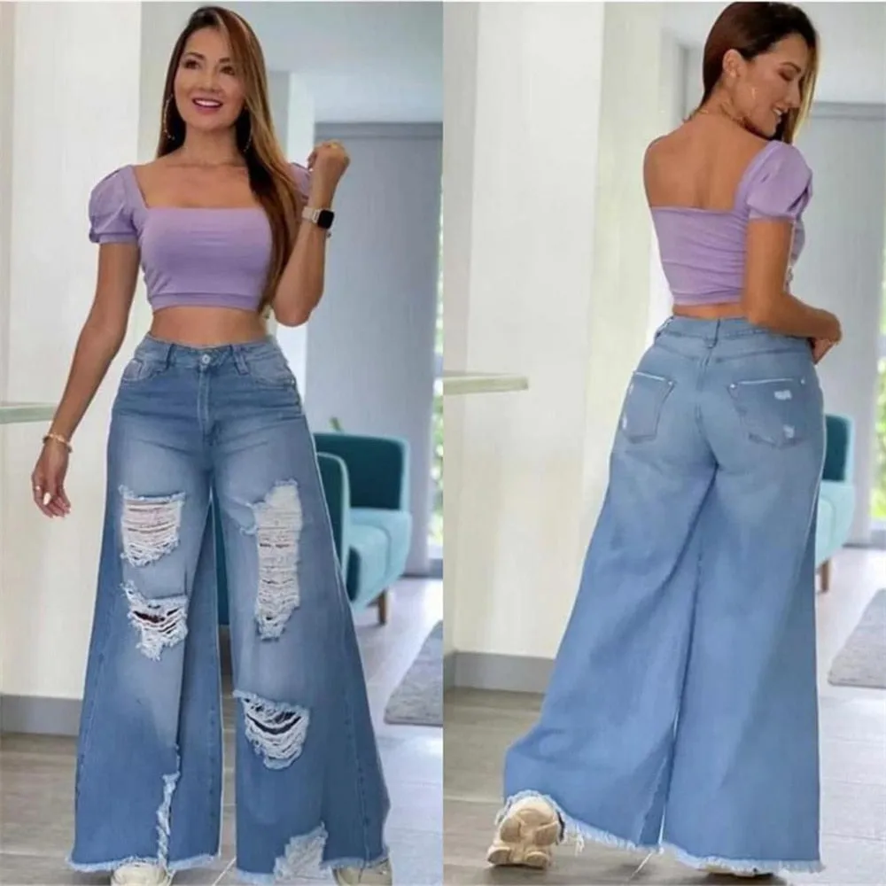 Streetwear Straight Pants Ladies Ripped Jeans High Waist Loose Wide Leg Pants Ladies Jeans Y2K Summer mon jeans High Street Jean