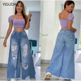 Streetwear Straight Pants Ladies Ripped Jeans High Waist Loose Wide Leg Pants Ladies Jeans Y2K Summer mon jeans High Street Jean