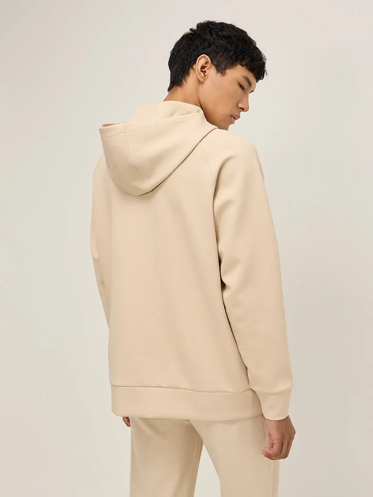 Studiofit Beige Text Embroidered Relaxed-Fit Hoodie