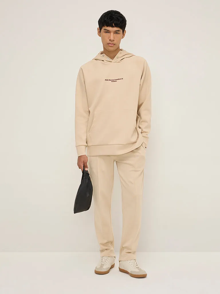 Studiofit Beige Text Embroidered Relaxed-Fit Hoodie