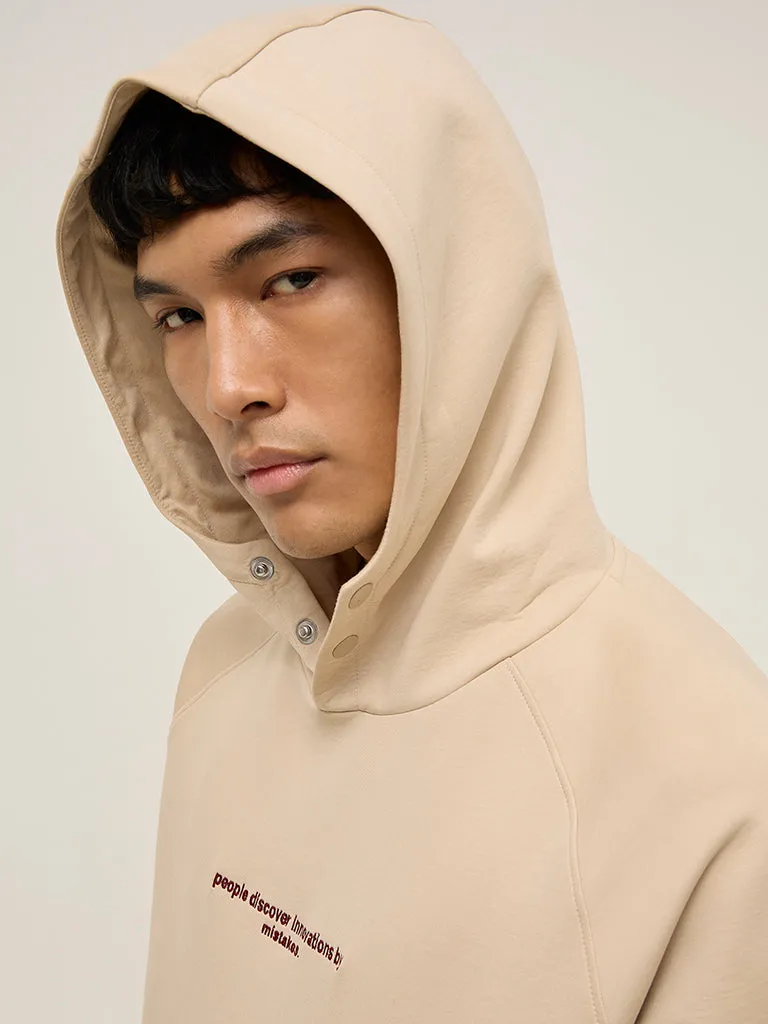 Studiofit Beige Text Embroidered Relaxed-Fit Hoodie