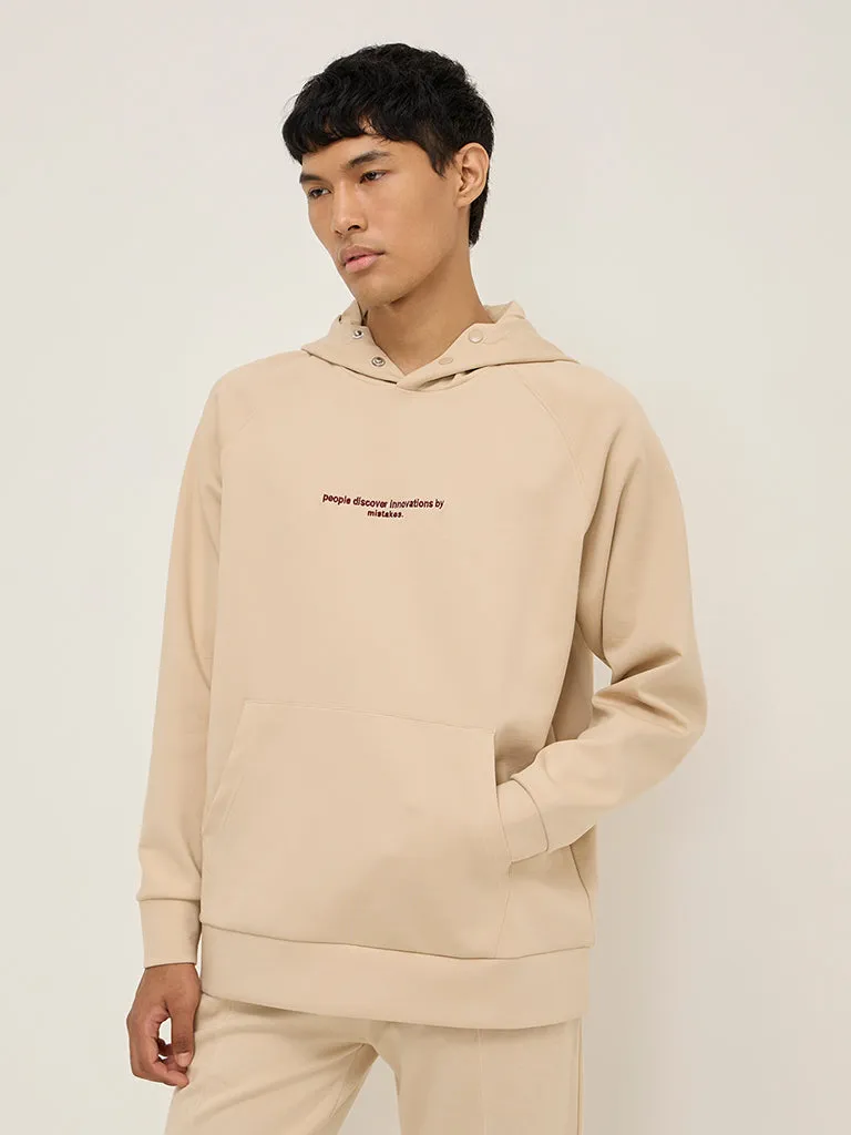 Studiofit Beige Text Embroidered Relaxed-Fit Hoodie