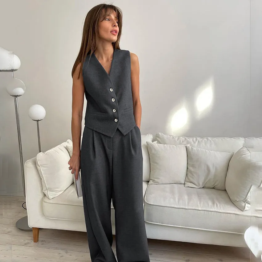 Summer Neutral Minimalist Gray Sleeveless Waistcoat Vest All Matching Women Clothing Two Piece Set