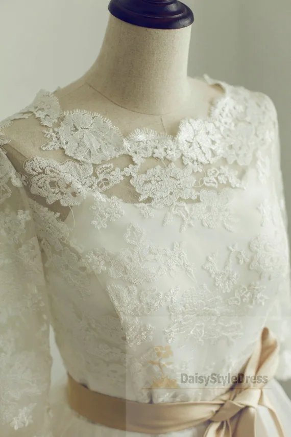 Tea Length Half Sleeves Vintage Lace Wedding Dress