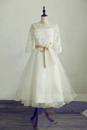 Tea Length Half Sleeves Vintage Lace Wedding Dress