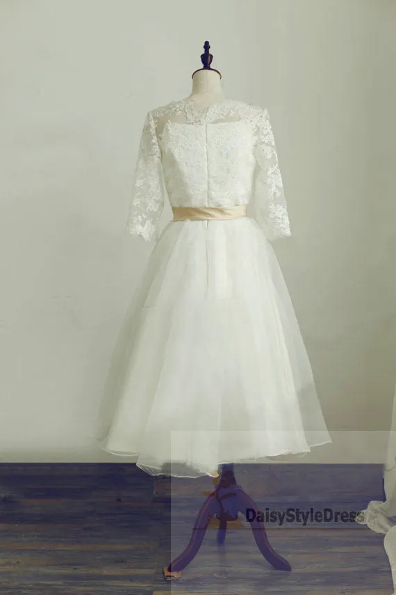 Tea Length Half Sleeves Vintage Lace Wedding Dress