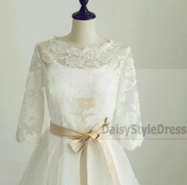 Tea Length Half Sleeves Vintage Lace Wedding Dress