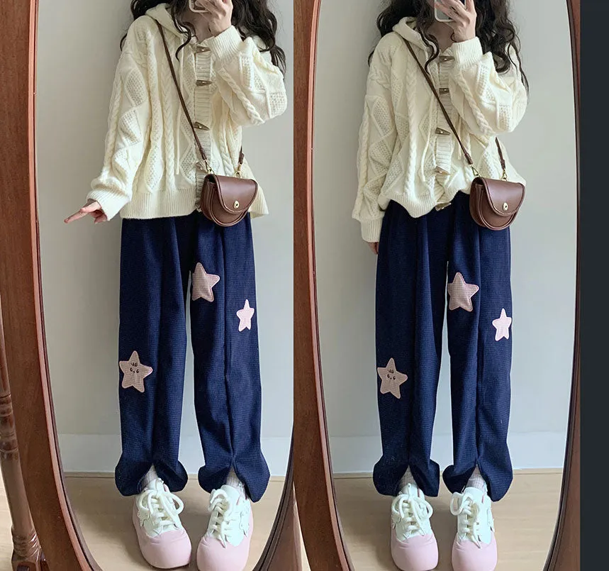 Three Stars Loose Casual Slit Corduroy Pants