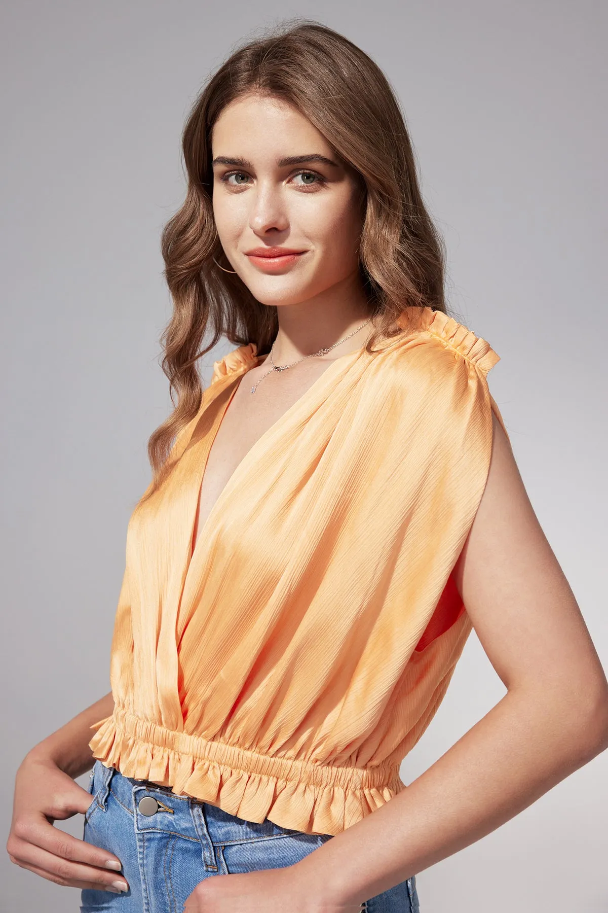 Tie Back Ruffle Hem Deep V Neck Crepe Satin Top