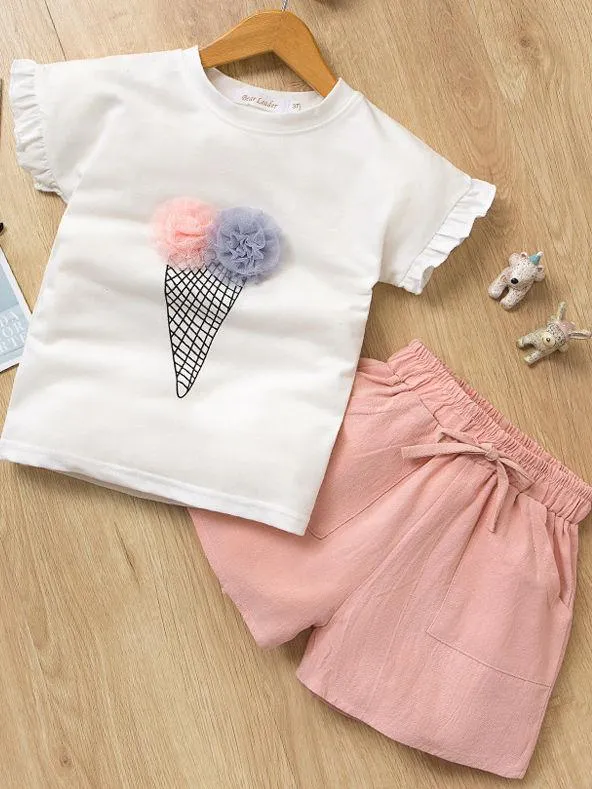 Toddler Big Girl Outfits Ice Cream Style T-shirt Pink Shorts