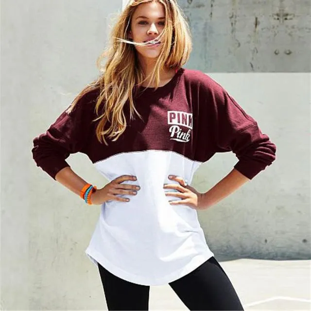 Two Color Accent Pink Letter Printed Sweatshirt