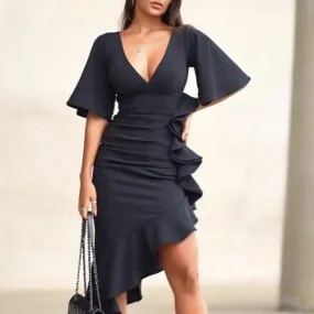 V Neck Flare sleeve Asymmetrical Bodycon Dress