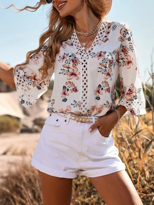 V-neck patchwork lace flared sleeve shirt