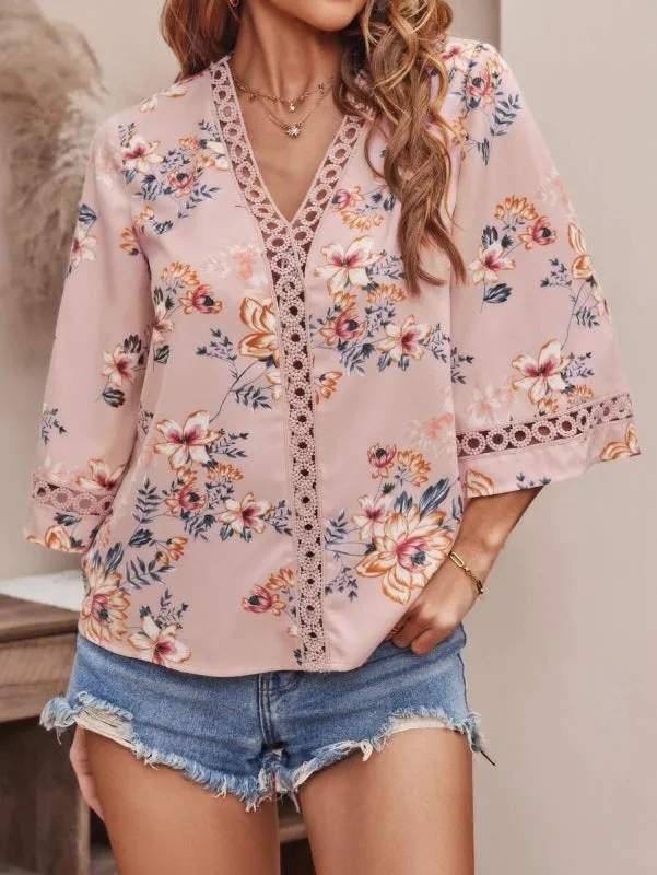 V-neck patchwork lace flared sleeve shirt