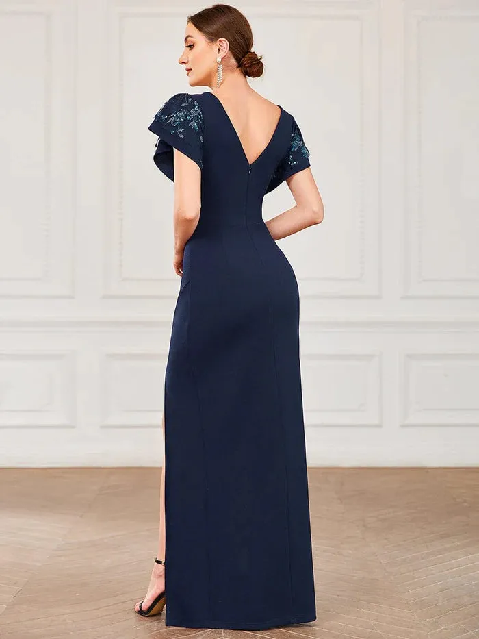 V-Neck Ruched Bodycon Side Slit Mother of the Bride Dress