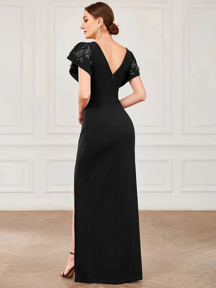 V-Neck Ruched Bodycon Side Slit Mother of the Bride Dress