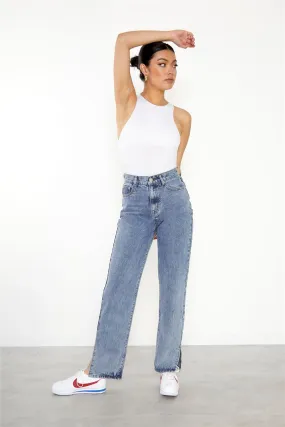 Vintage Wash High Waisted Straight Leg Jeans with Side Split