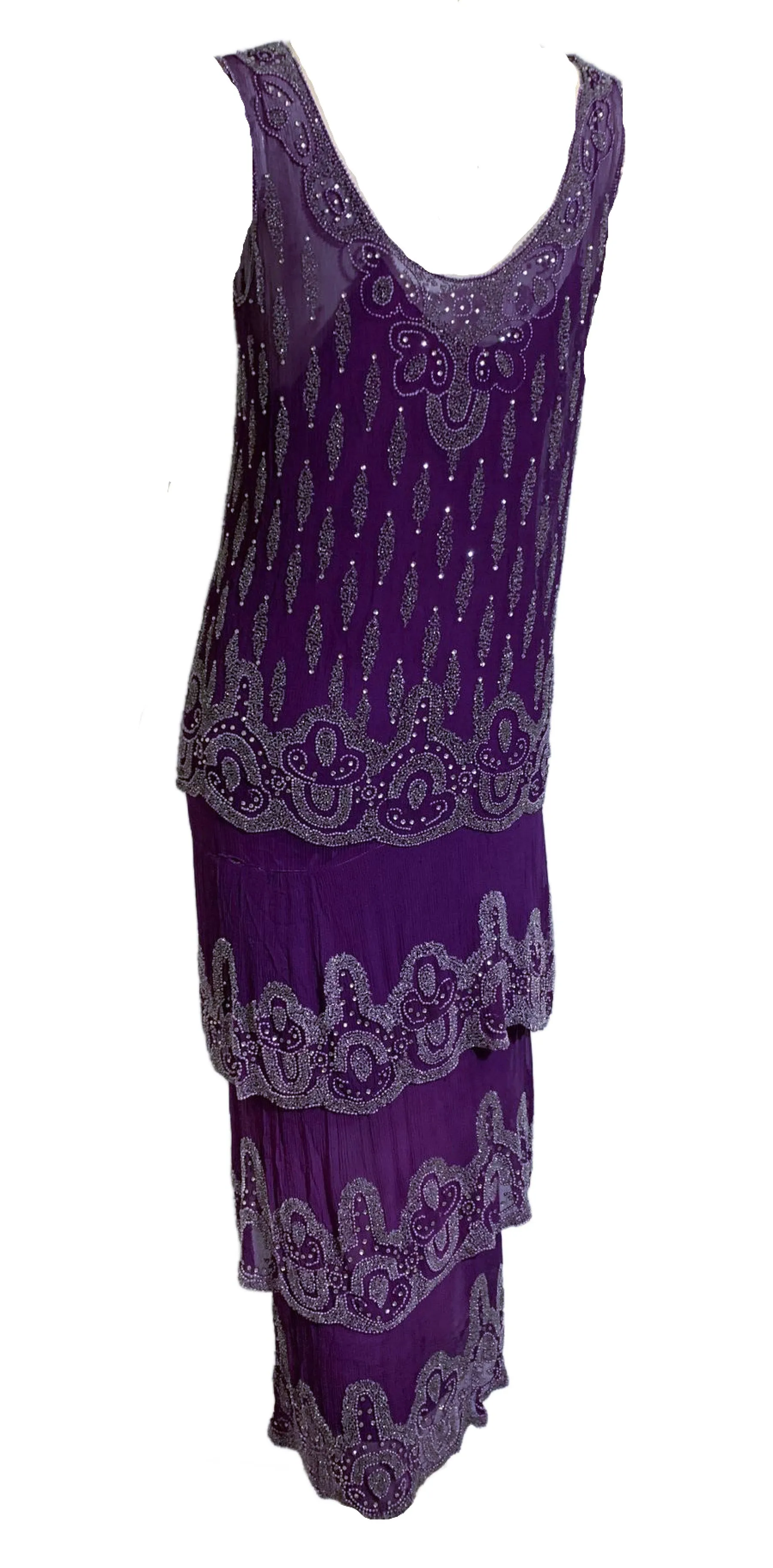 Vivid Violet Two Piece Beaded Silk Chiffon Dress circa 1920s