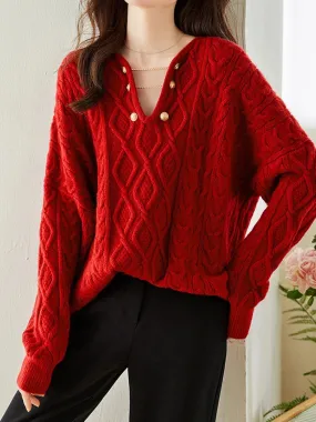 Wenkouban-Christmas Thanksgiving outfits_Gentle Temperament V-Neck Casual Autumn Winter Red Christmas Sweater