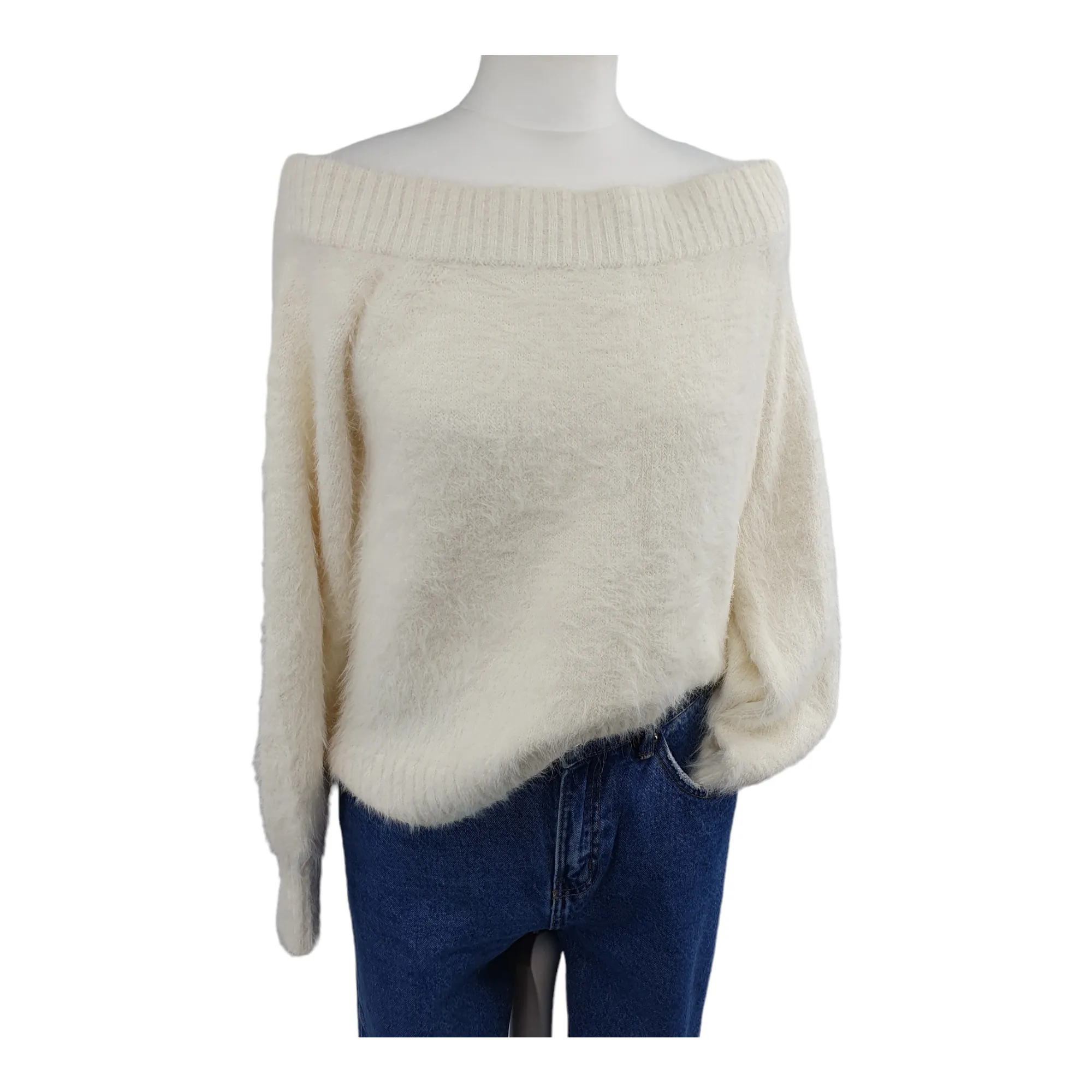 White Fluffy Crop Off Shoulder Knit - UK 12 Medium